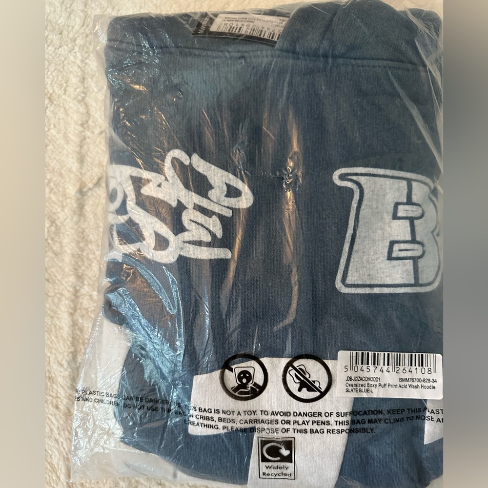 Boohooman oversized boxy puff hoodie color slate blue size large NWT